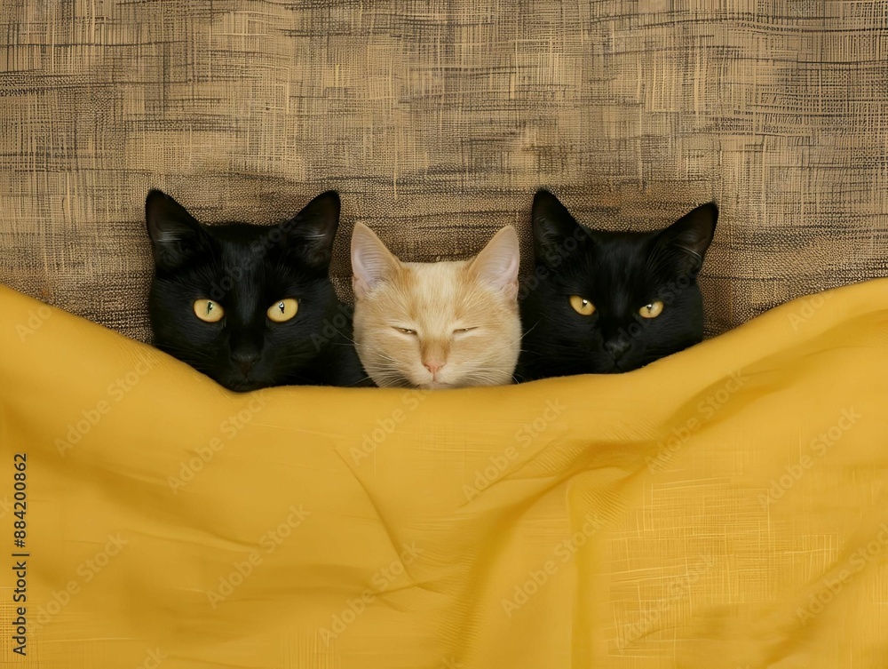 Canvas Prints AI generated illustration of three cats, two black and one ginger, lying under a yellow blanket