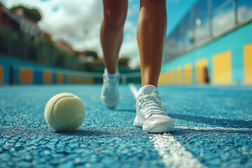Tennis Player Walking on Court. A tennis player walks across a blue tennis court, their white shoe stepping on the white line.