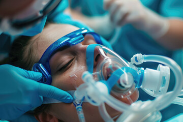 A clean shot of a respiratory therapist adjusting an oxygen mask on a patient