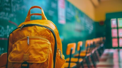 Obraz premium A vibrant yellow backpack is placed on a chair within an empty school classroom, highlighting the readiness for learning and the anticipation of students returning.