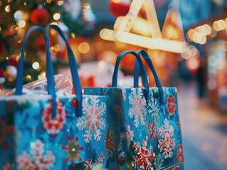 In a festive holiday market, a closeup view of two shopping bags.