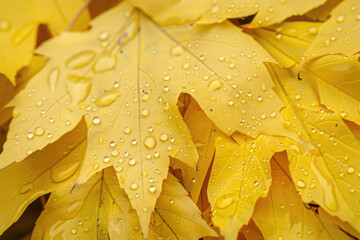 Close-up of vibrant yellow maple leaves adorned with raindrops.Autumn Concept