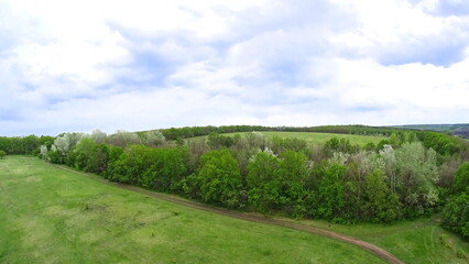 The photo shows a natural landscape - land, lakes, rivers, trees and meadow. Filming from a quadcopter.
