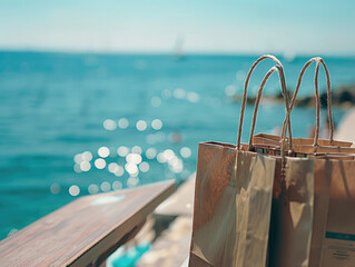 Closeup of two shopping bags in a serene seaside shopping area.