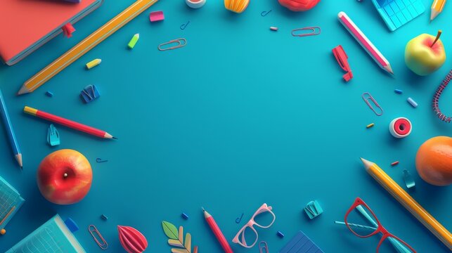 A bright and vibrant blue surface scattered with various school supplies, apples, glasses, and a calculator, representing a lively and energetic atmosphere for education and creativity.