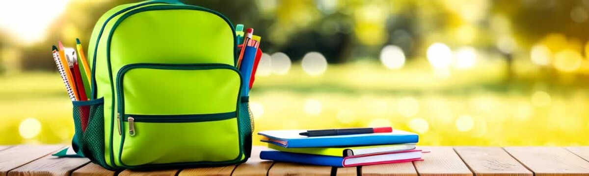 Green backpack filled with school supplies, including notebooks, pencils, and pens on a wooden table outdoors. Back to school concept. Copy space template web banner background