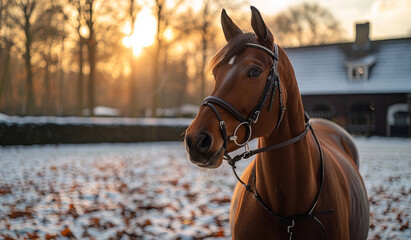Fototapeta premium Brown Horse in Winter. A brown horse with a bridle stands in a snowy field at sunset.