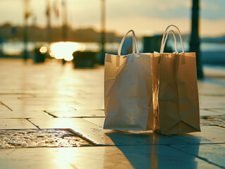 Closeup of two shopping bags in a serene seaside shopping area.