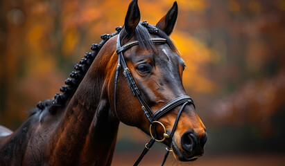 Fototapeta premium Brown Horse Portrait in Autumn. A close-up portrait of a brown horse with a black bridle, standing in a field with an autumnal background.