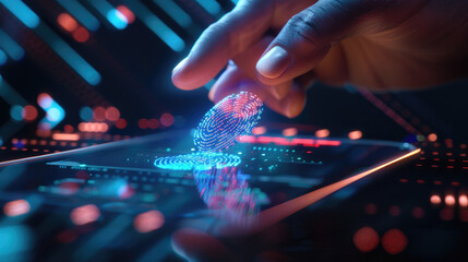 Fingerprint being scanned on a sleek, high contrast scanner with a dark background