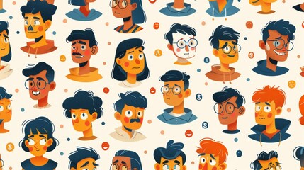 Fototapeta premium Diverse and Inclusive Seamless Pattern of Quirky Cartoon Characters