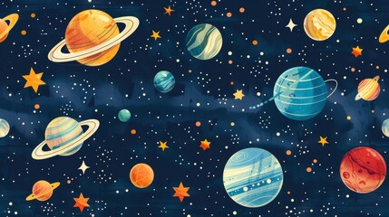 Planets and stars in space create a colorful and whimsical seamless pattern