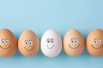 A row of happy eggs on blue background. One white egg stands out from the rest.