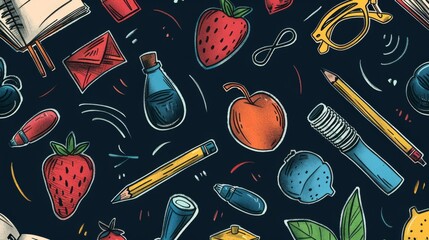 A seamless pattern featuring a variety of illustrated fruits like strawberries and peaches, along with pencils and various small items and symbols on a dark background.