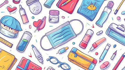 A filled illustration showing a seamless pattern of healthcare items, including masks, syringes, bottles, and medical gloves on a light background, showcasing health and wellness concepts.