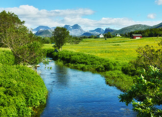 Landscape, countryside and nature with mountain, river and green trees in Norway for eco friendly. Environment, earth and water with grass, blue sky and plants for travel, ecology or sustainability