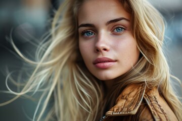 Fototapeta premium Enigmatic Attractive blonde woman in trench. Fashionable lady posing in front of building. Generate ai