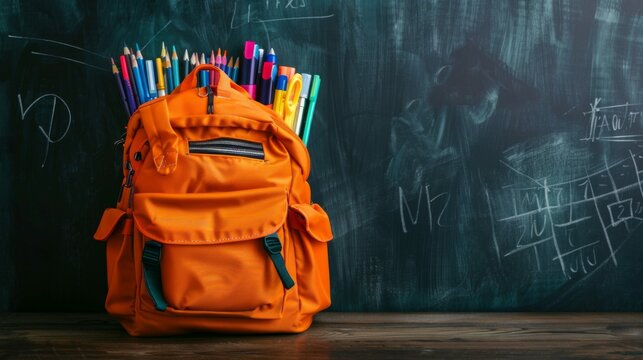 An orange backpack packed with vibrant stationery items stands in front of a chalkboard covered in doodles and equations, symbolizing academic enthusiasm and preparedness.