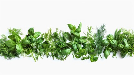 Obraz premium White background with rows of parsley, parsley and basil.