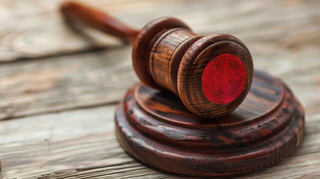 A close-up of a wooden gavel with a red seal on its head, placed on a wooden base, symbolizing legality and the enactment of justice. Rustic and traditional style.
