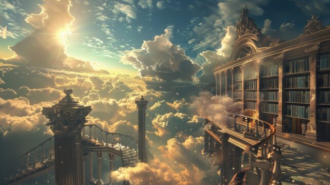 A fantastical library floats among the clouds with sunbeams creating a heavenly atmosphere. This depiction merges literature with the serenity of the sky, evoking a sense of wonder. - Powered by Adobe