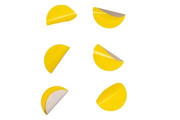Round yellow stickers, blank tags labels isolated on a white background.