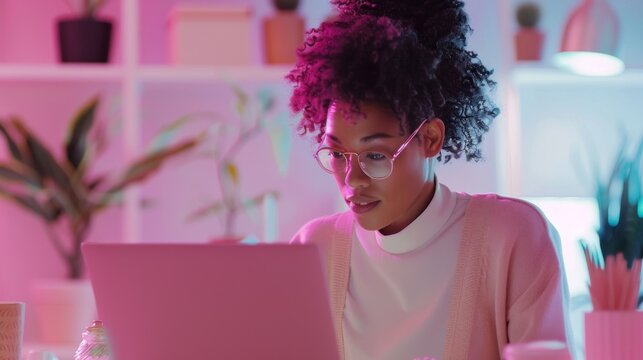 Business coach using a light pink slideshow