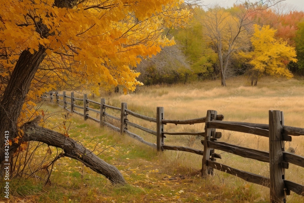 Sticker Golden autumn leaves drape over a rustic wooden fence in a tranquil countryside scene