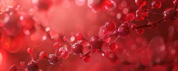 Illustration of a collection of red blood molecule particles on a red background