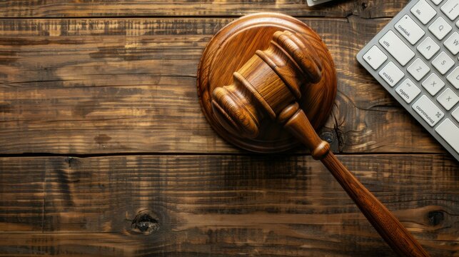 A close-up of a judge's gavel resting on a wooden surface next to a computer keyboard, illustrating the integration of traditional law with digital advancements.