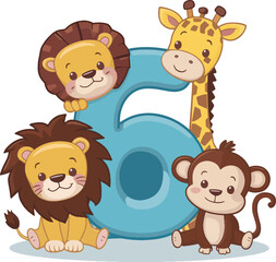 A cute number (0 to 9) surrounded by an adorable lion, giraffe, and monkey