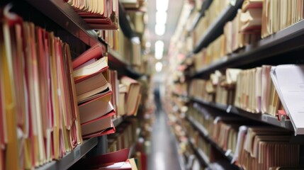 Obraz premium A view of library shelves filled with rows of organized files, indicating a well-maintained archiving system within a professional environment focused on records management.
