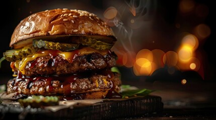 Close-up of a double cheeseburger with pickles, melted cheese, and barbecue sauce, set against a warm, rustic background.