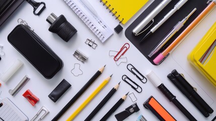Student using modern stationery and colorful materials to prepare a creative project on a white desk