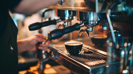 A barista preparing espresso with a professional coffee machine, dispensing the brew into a stylish black cup. Ideal for capturing the craft and skill in coffee-making.