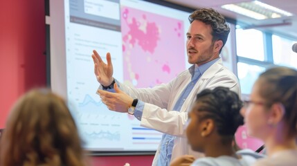 Lecturer using light pink themed presentation slides