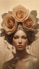 A portrait of a woman adorned with large roses in her hair