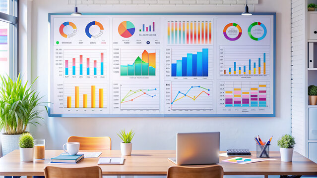 Colorful infographics background with various business graphs, charts, and tables on a whiteboard, displaying statistical data and trends in a modern office setting.