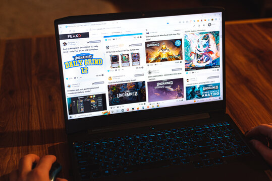 Hive blockchain front-end PeakD on Lenovo laptop display on November 19, 2022, in Tbilisi, Georgia. The Hive blockchain pays its bloggers with Hive tokens.