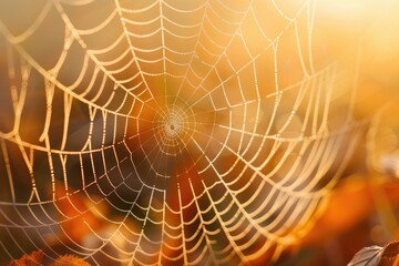 A delicate spider web, adorned with dewdrops, glistens in the warm morning sunlight. The background is softly blurred with shades of amber and gold.