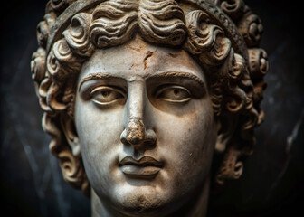 a close-up of an ancient greek sculptures face on dark background