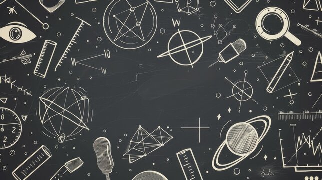 A complex chalkboard illustration capturing various scientific and mathematical elements such as planetary systems, geometry, magnifying glass, and measurement tools.