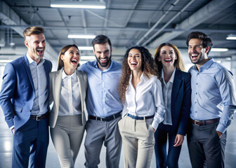 Fototapeta premium Group of happy young business people standing in a row and laughing.
