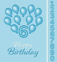 Celebration background with flying blue balloons with number and text Happy Birthday. Design for holiday greeting card and invitation of party. Baby and kids party decoration