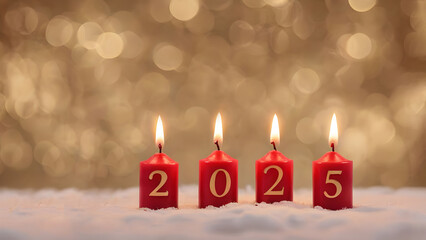 Festive background Happy New Year. Numbers 2025 made from golden burning red candles on festive sparkling bokeh background