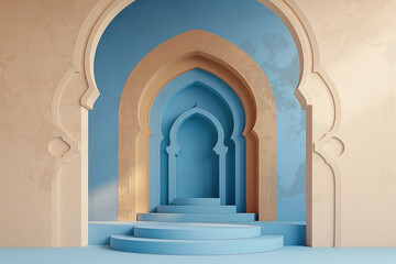 Most Beautiful Mosque art Style. Ramadan 3D wallpaper, a mosque and castle with dark beige and blue