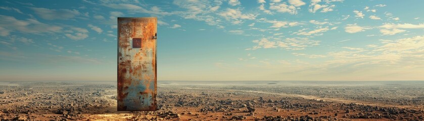 Surreal Rusty Door in Desert Landscape Under a Vast Blue Sky with Clouds