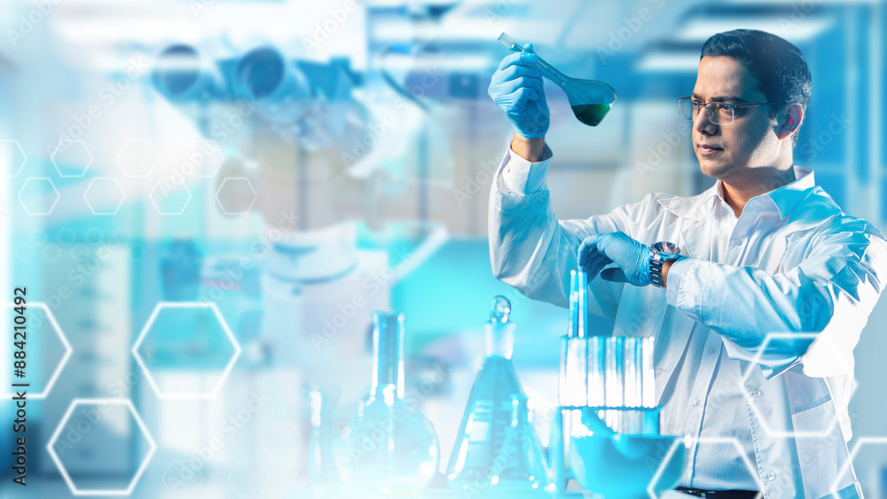 Aufkleber man is scientist. laboratory assistant with flask in his hand. doctor notes time by looking at his w