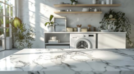 Modern Laundry Room with Marble Countertop and Natural Light, Featuring Plants and Shelving for a Fresh and Clean Look