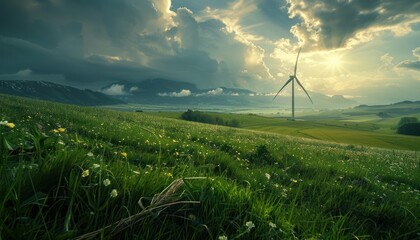 Wind Turbine in a Field of Flowers Under a Cloudy Sky